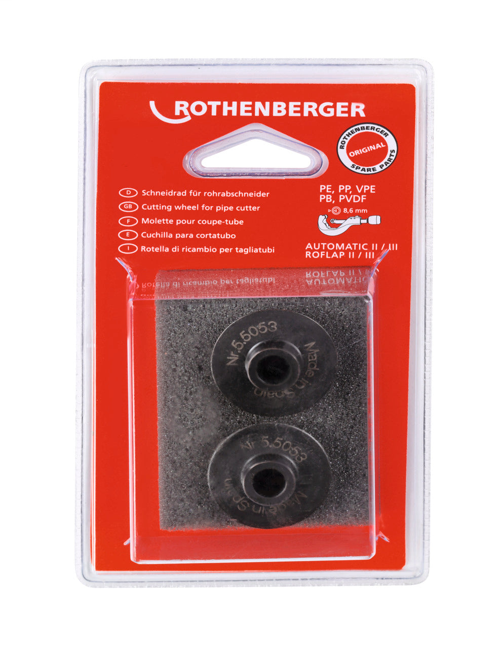 Rothenberger Das Ersatzschneidrad für den Automatik-Rohrabschneider kann mühelos Rohre von 50-168 mm trennen und schneiden. Das Schneidrad ist speziell für den Einsatz in Automatik-Rohrabschneidern der Größe 2 und 3 entwickelt worden. - 055053D