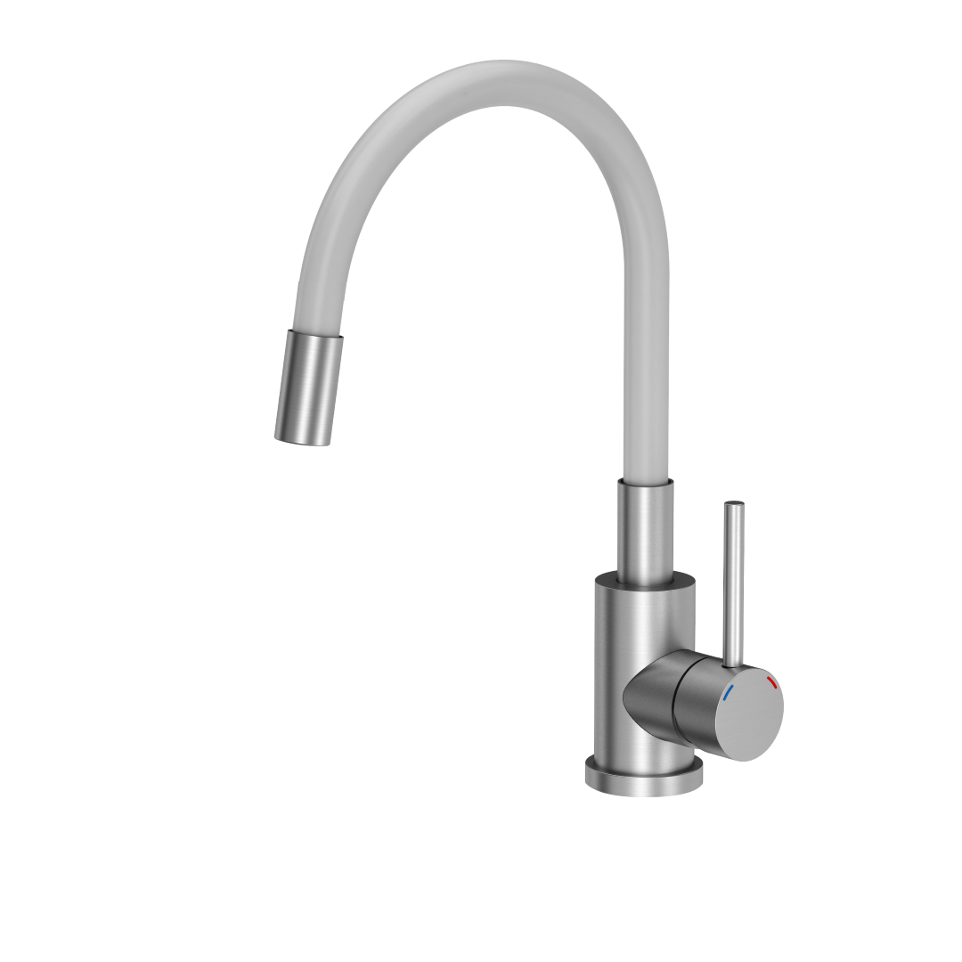 Miscelatore per lavello cucina in acciaio inox satinato con canna flessibile bianca Tubico Kitchen River T26503W