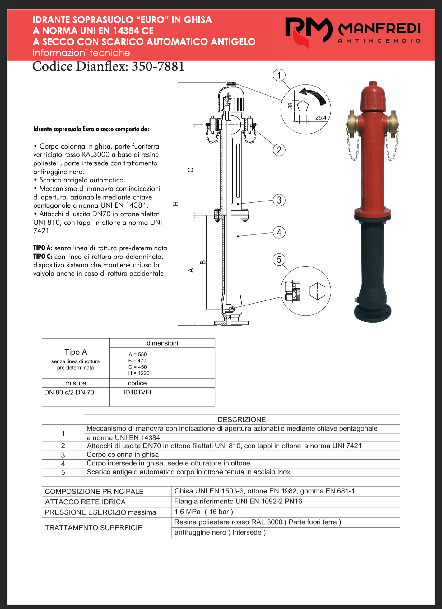 BORNE D'INCENDIE EN FONTE DN80 TYPE AC/2 UNI EN 14384