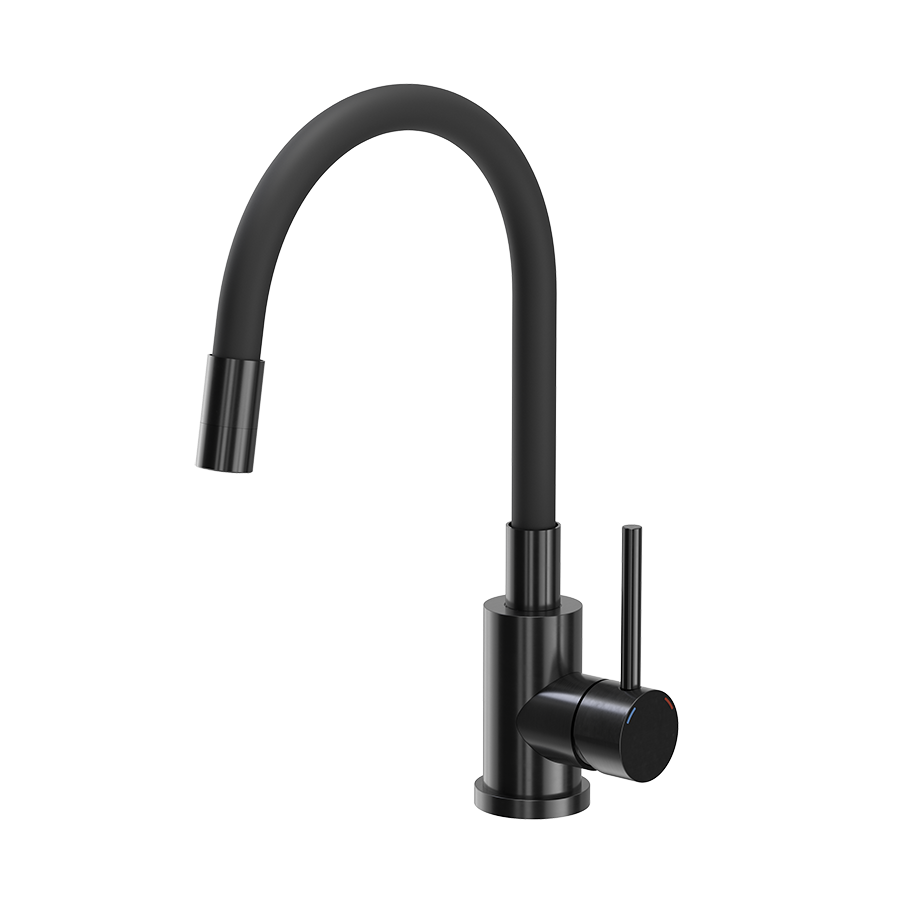 Miscelatore per lavello cucina in PVD nero con canna flessibile nera Tubico Kitchen River T26503B