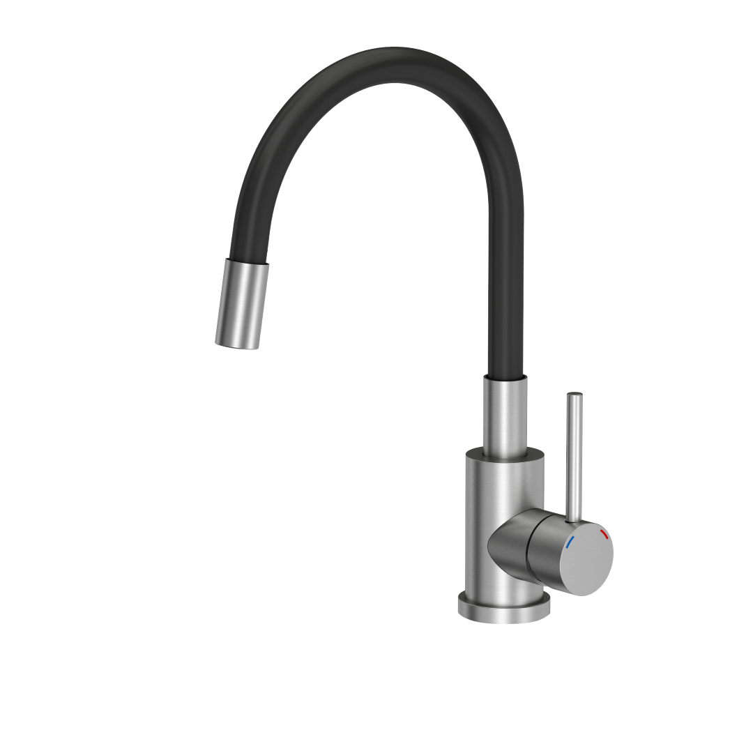 Miscelatore  in acciaio inox per lavello cucina  con canna flessibile nera Tubico Kitchen River T26503S