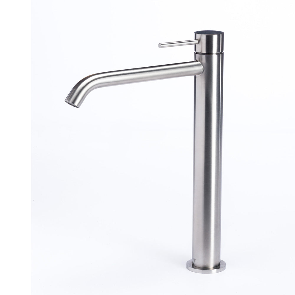 Tubico Tevere rubinetto miscelatore alto per lavabo in acciaio inox 316L satinato Made in Italy T44120S